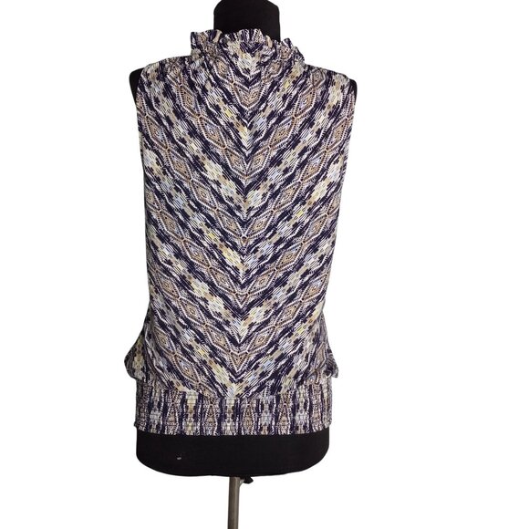 WHBM Size S Blouse Top Womens Sleeveless Ruffle Neck Tie Abstract Printed Design - Picture 3 of 10